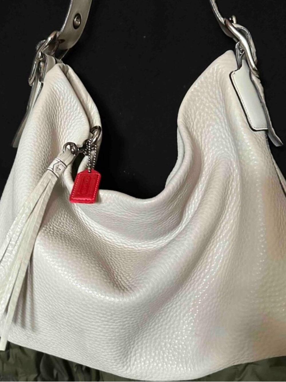 Vintage Coach Bag - White Pebbled Leather Shoulder Bag with Red Tag